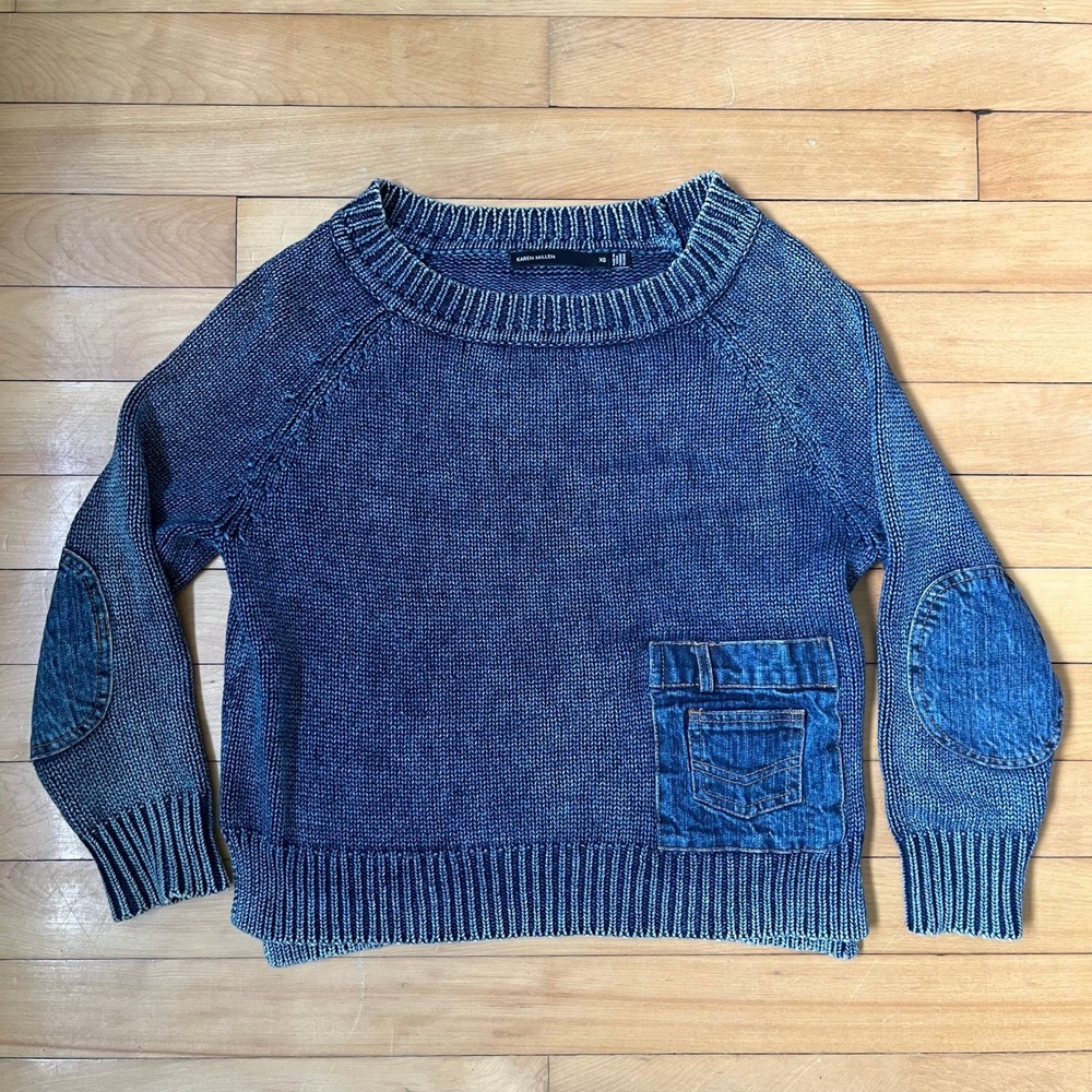 Karen Millen Indigo Knit Sweater XS Denim Elbow Patches Front Pocket Mixed Media